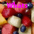 Fruit salad with strawberries, blueberries, and melon pieces, overlaid with pink text reading 'whats YOUR Fruit?'