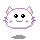 Pixelated white creature with purple outline, pink cheeks, black eyes, and gray mouth; two variations show different ear shapes against gray background.