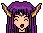 Pixel art character with purple hair and yellow horns showing five distinct facial expressions