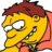 Yellow cartoon character with brown hair and red shirt, squinting eyes, pixelated style.