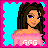 Pixel art contact sheet showing four frames of an animated buddy icon featuring a cartoon woman in pink attire with visible text and clothing details.