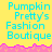 Yellow background with cyan text reading "Pumpkin Pretty's Fashion Boutique" in pixelated font, separated by pink jagged border, with gray area on right side.