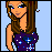 Pixelated character with long brown hair wearing a dark purple dress with blue star and heart patterns, shown in three sequential poses against light blue background.