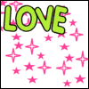 Green 'LOVE' text with pink outline over white background scattered with small pink stars and cross-shaped sparkles.