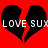 Red background with two black broken heart shapes and white text reading LOVE SUX repeated across the image.
