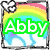 Animated rainbow background with a heart-shaped cutout, green text reading 'Abby', and a colorful eye graphic with dripping effects.