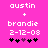 Pixelated text on bright pink background shows 'austin + brandie 2-12-08' with five heart icons below, where the third heart changes from purple to black between frames.