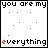 A 4x3 contact sheet of a pixel art animation showing the phrase "you are my everything" with orange dots forming an animated pattern across frames.