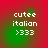 Pixelated text 'cutee italian >333' on red and green gradient background with subtle circular patterns.