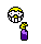 Animated pixel art contact sheet showing a yellow and white skull character interacting with purple bottles, transitioning from upright to tilted poses across 25 sampled frames.