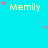 A static image with a bright cyan background displaying the word "Memily" in yellow text, scattered pink and purple stars, and a gray rectangle in the bottom-right corner.