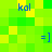 Pixelated green and yellow with blue text 'kal' and '=[]' scattered across it