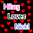 Pixelated text 'Hilary Loves Nick!' in pink, white, green, and blue over red heart pattern on black background.
