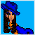 Pixel art animation of a character in blue hat and dress performing a leg-lifting motion against a blue background with repeated text.