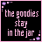 Animated contact sheet of 8 frames showing a pixel art icon with pink text "the goodies stay in the jar" on black background, featuring subtle animation changes in star and square corner decorations across frames.