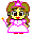 Animated contact sheet of a pixel-art character with brown pigtails, pink headband, and white dress holding a yellow wand-like object against gray background.
