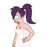 Pixelated cartoon character with purple ponytail, white strapless dress, and pink lips, standing with one hand on hip against white background.