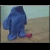 Animated sequence showing a blue figure with red feet on beige ground, paired with repeated text 'i can't swim either!!!' in pixelated font.