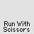 Pixelated character in blue shirt and white head running with scissors, repeated across with text "Run With Scissors" below each instance
