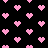 Pixelated pink hearts on black background with scattered heart fragments in lower-left quadrant.