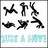 Six black-and-white pixelated figures in various dynamic poses arranged in a 2x3 grid on white background with light blue text at bottom.