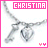 Pixelated silver necklace with diamond pendant under pink 'CHRISTINA' text and two pink Y symbols on white background.