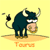 Animated contact sheet of six frames showing a cartoon bull character with changing tail positions and small floating particles on a yellow background, each labeled "Taurus" in orange text below.