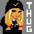 Pixel art icon of a cartoon character with blonde hair, blue eyes, and a black outfit holding a small object against a gray background with vertical text.