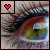 nine identical eye close-ups with a single pixelated heart icon in the top-left corner, each heart changing color across frames
