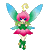 Animated fairy icon with pink flower head, blue-green wings, green dress, and yellow curl on top across six sequential frames showing slight pose variations.