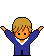 Pixel art character in blue uniform with white collar, shown in multiple poses including raised arms and crouching over brown or black spherical objects.