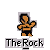 Pixelated character in orange top and black shorts with arms raised, below text reading 'The Rock' on gray background