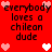 Red background with pixelated text 'everybody loves a chilean dude' repeated four times, surrounded by pink and white heart icons in various positions.
