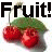 Four pixelated fruit icons arranged in a with 'Fruit!' text overlays, each icon featuring distinct fruits and colors