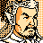 Pixelated 48x48 AIM buddy icon featuring a stylized human face with orange hair and beard against an orange-and-white checkered background, rendered in low-resolution pixel art style with black outlines.
