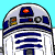 Pixelated R2-D2 droid with blue and white body, gray accents, and changing head lights