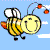 Animated bee with yellow body, black stripes, white wings, and red antennae dots against light blue background.