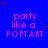 Blue background with pink text reading 'party like a Poptart' repeated in , scattered stars of varying sizes and colors