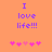 Pixelated text 'I love life!!!' in purple on orange background with pink hearts below, animated heart sequence.