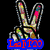 A four- of pixelated images showing a hand making a peace sign, peace symbols, a star, and a person's legs with red shoes, each with text overlays