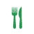 Green fork and knife icon on white circular background with gray border.