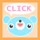 Blue cartoon bear head with black eyes and red mouth, pink 'CLICK' text in speech bubble on left ; right shows same bear without speech bubble