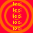 Four identical circular orange patterns with repeating 'lexi' text on a red background, arranged in a