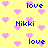 Yellow background with scattered pink pixel hearts and blue text reading 'love' or 'Nikki' in a pattern