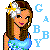 Pixel art icon of a cartoon woman with brown hair wearing a flower headband and blue dress, next to light blue text "GABBY" on white background.