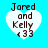Four heart-shaped icons with brown text reading 'Jared and Kelly <33' on a cyan background, each showing slight variations in pixel rendering.