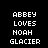 Static pixel art displays four identical text blocks on black background, each reading ABBEY LOVES NOAH GLACIER in white block letters.