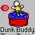 Pixel art animation of a character dunking a basketball into a red and blue hoop, with text "Dunk Buddy" below.