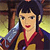 Pixelated character with dark hair and bangs, wearing red and gold clothing, holding a silver sword-like object against a blurred background.