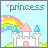 Pixel art icon featuring a white castle with pink and blue towers under a rainbow, light blue background, and the word 'princess' in gray text with a pink heart.